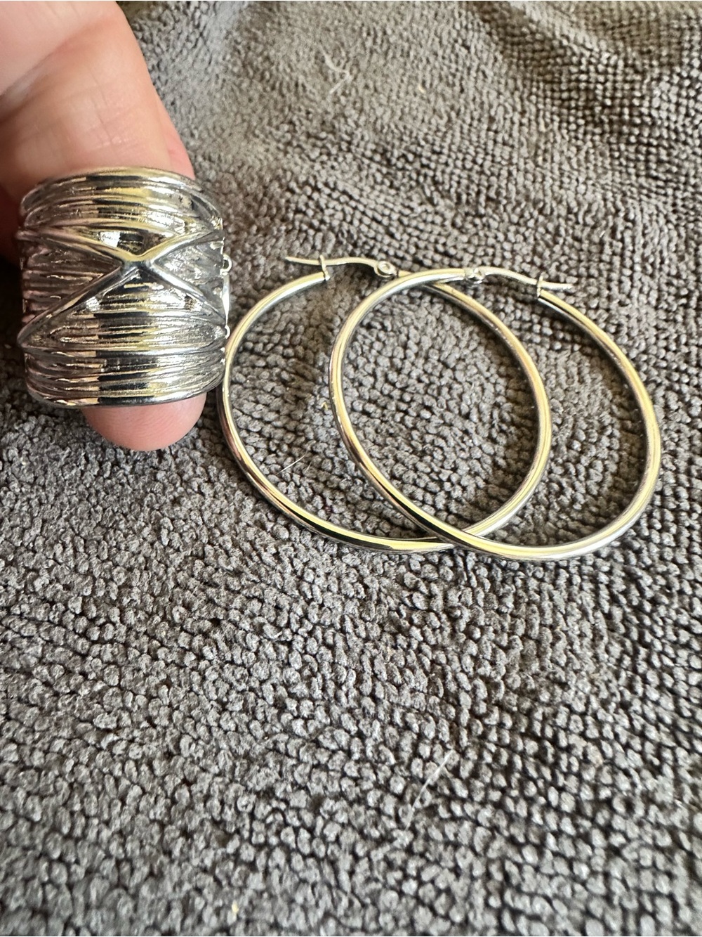 Classic Silver Hoop Earrings adjustable ring set - Sleek Silver Finish